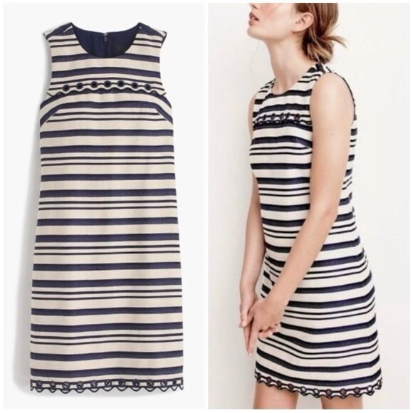 J. Crew Striped Scalloped Shift Dress with Grommets - Picture 1 of 10